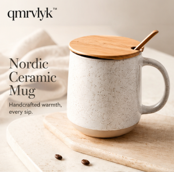 qmrvlyk™ Nordic Speckled Ceramic Coffee Mug with Wooden Lid – Large Handmade Latte Cup for Office & Home