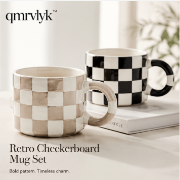 qmrvlyk™ Retro Checkerboard Mug Set – Vintage Ceramic Coffee Cups for Modern Kitchens